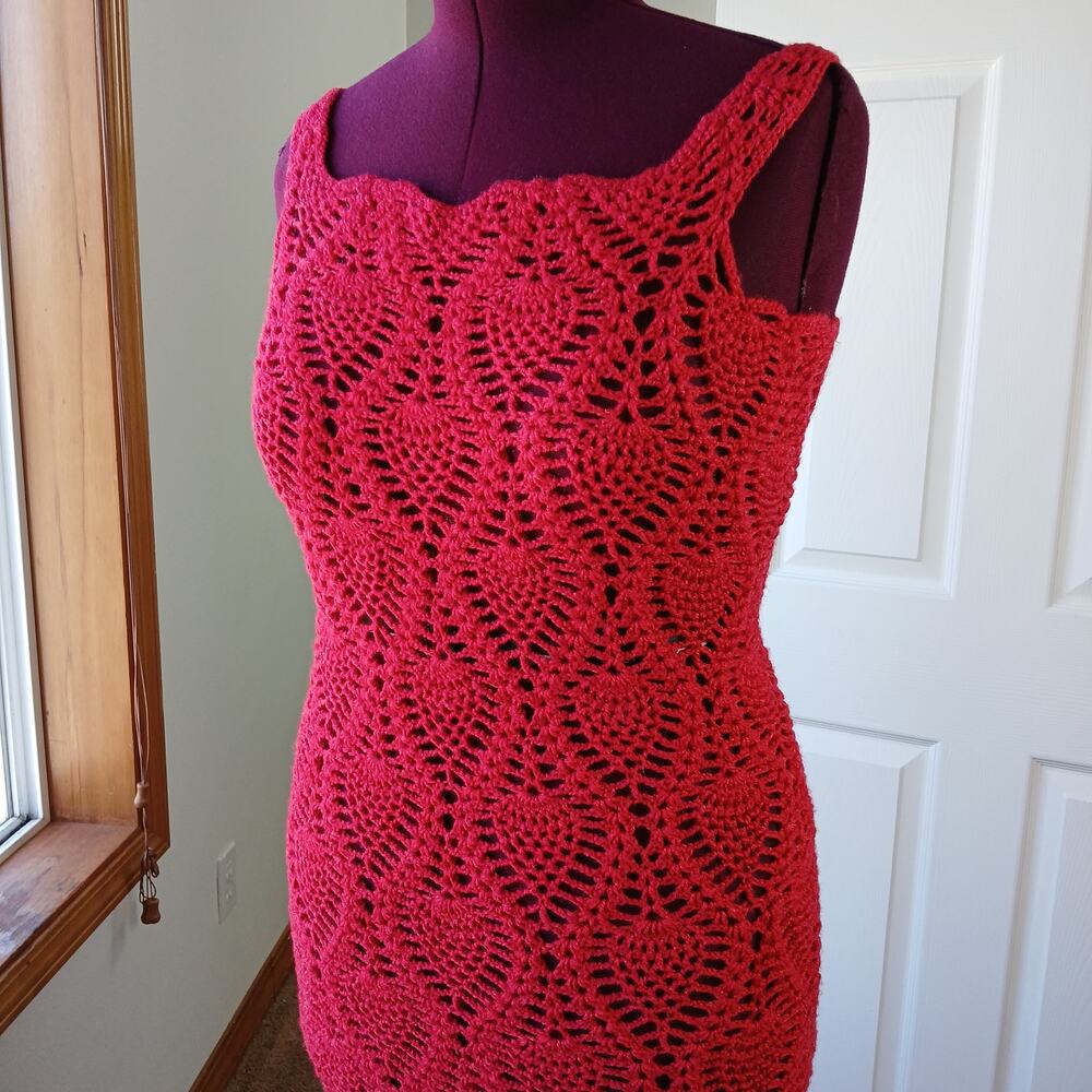 Hand Crafted Red Crochet Lace Gown M L XL 2X bodycon midi tube dress swim cover - Picture 1 of 11